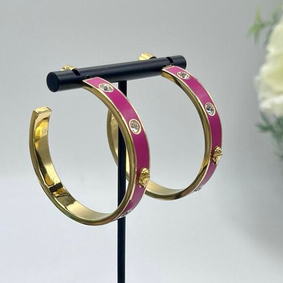 Kurt Geiger Signed Fuchsia Enamel Eagle & Crystal Hoop Post Earrings - Picture 1 of 15